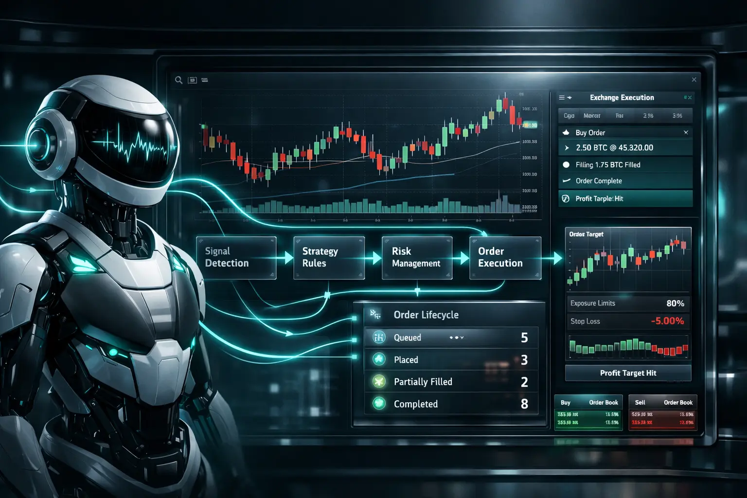 Crypto platform interface with Binance bot automation and order flow states