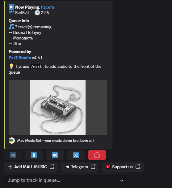 MAU-MUSIC bot now playing card with album cover, controls and queue info in Discord