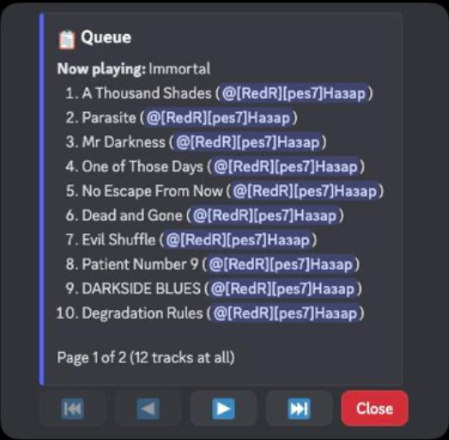 MAU-MUSIC Discord music bot queue message with list of upcoming tracks