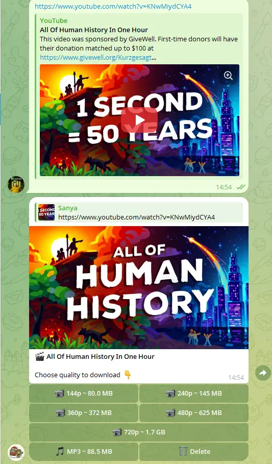 Mau Saver Telegram bot showing buttons after user sends a media link
