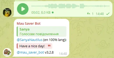 Mau Saver Telegram bot transcribing a long voice message to text