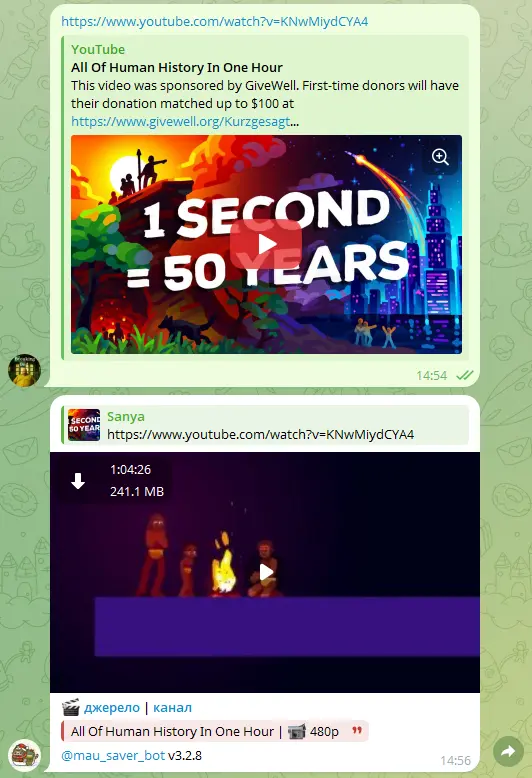 Mau Saver Telegram bot returning a processed video back into the chat